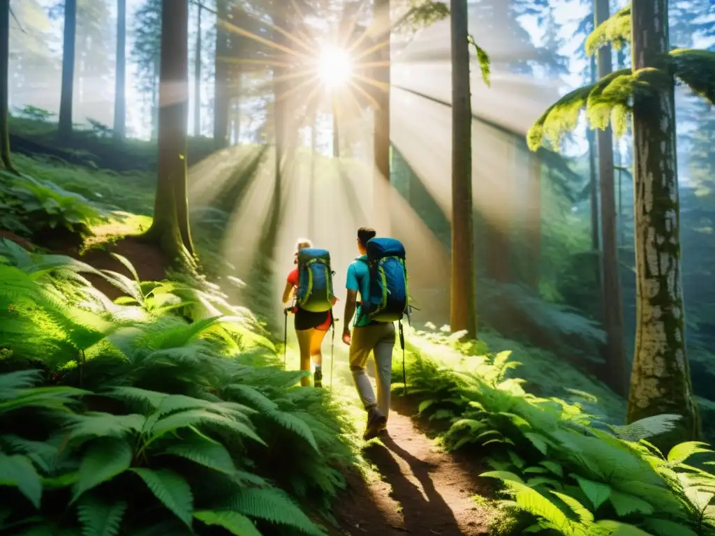 Un grupo de excursionistas con mochilas equipadas con paneles solares integrados exploran un bosque exuberante y soleado