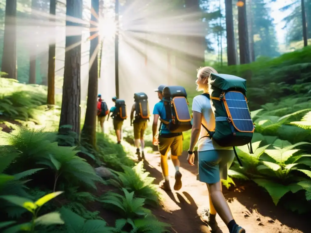 Un grupo de excursionistas con mochilas con paneles solares integrados recorren un bosque exuberante mientras capturan la luz del sol