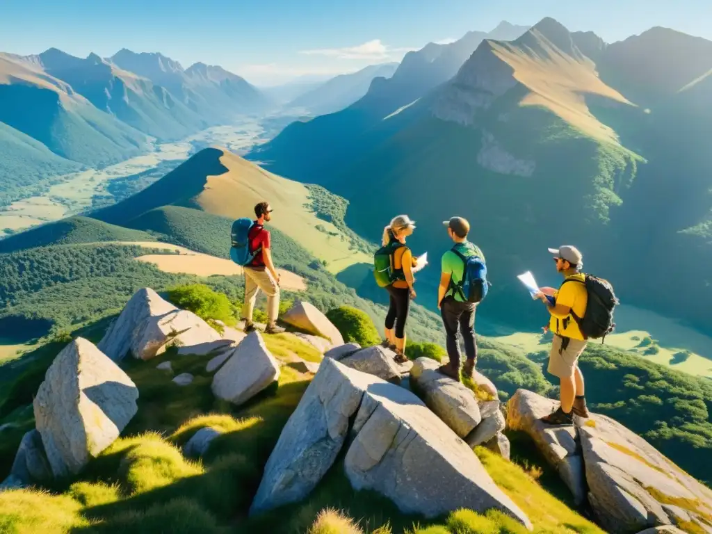 Un grupo de excursionistas en un paisaje montañoso, con mapas y brújulas eco amigables, disfrutando de la naturaleza y la compañía