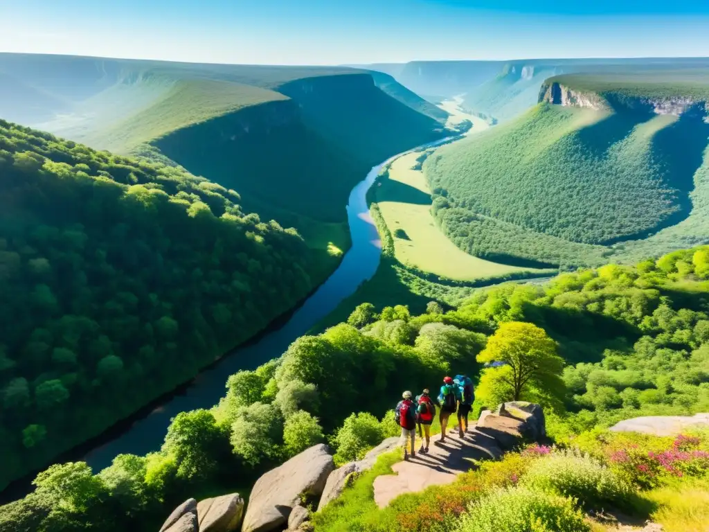 Un grupo de excursionistas admira el paisaje natural, experimentando beneficios psicológicos del turismo en la naturaleza