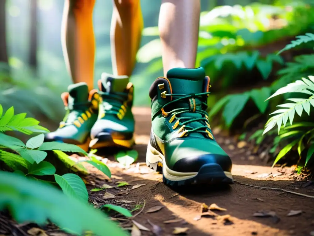 Un grupo de excursionistas llevando puesto calzado ecológico senderismo sostenible, explorando un bosque exuberante y biodiverso