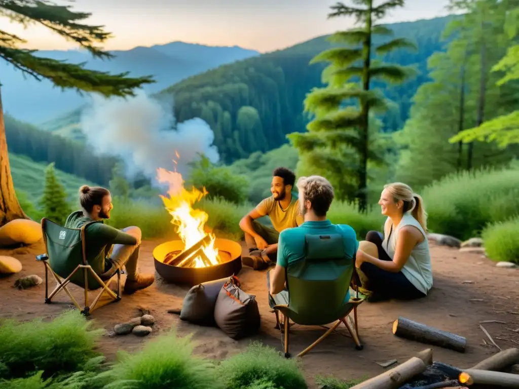 Un grupo de excursionistas relajados disfrutando de una fogata en el bosque con sillas de campamento ecológicas duraderas