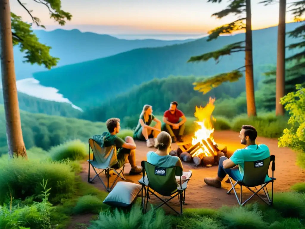 Un grupo de excursionistas relajados alrededor de una fogata en un bosque exuberante, con sillas de campamento ecológicas duraderas