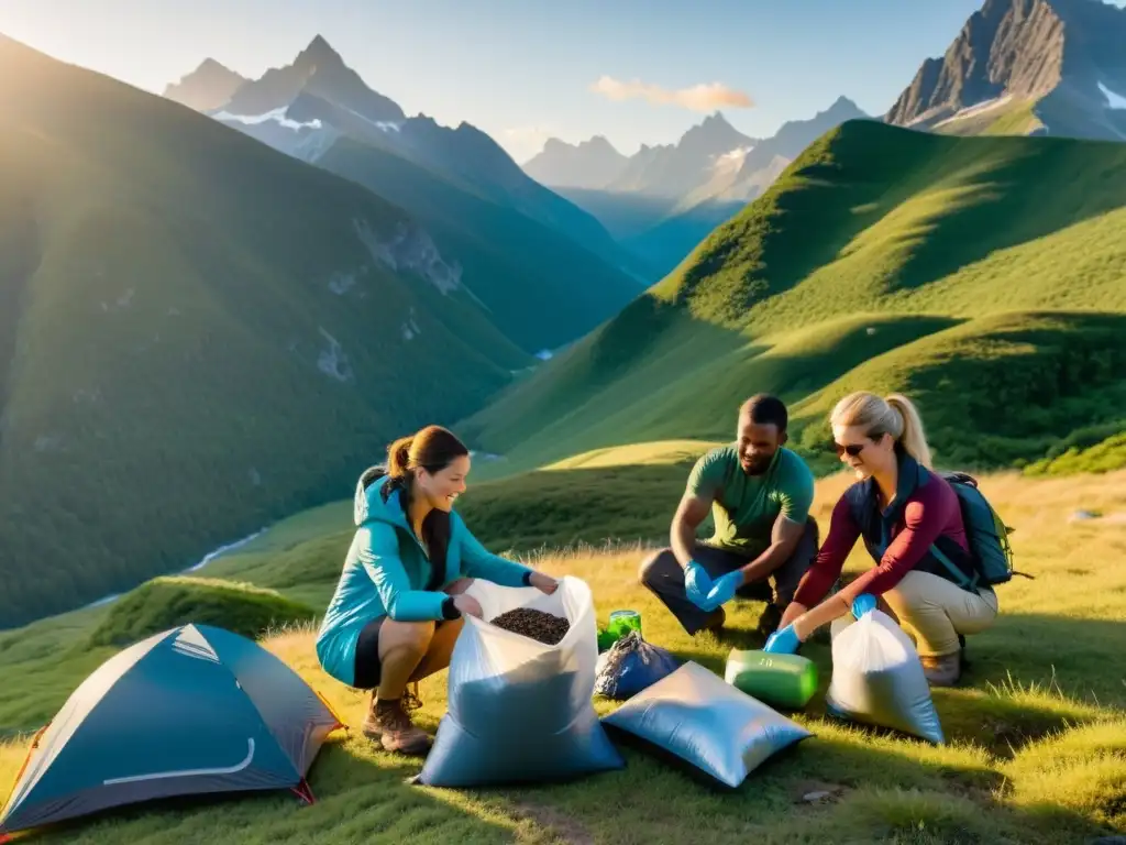 Grupo de excursionistas empacando cuidadosamente residuos en bolsas de reciclaje y compostaje en un campamento en la montaña al atardecer