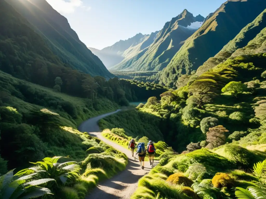 Grupo de excursionistas en Retiros de ecoturismo en Nueva Zelanda, rodeados de exuberante naturaleza y majestuosas montañas