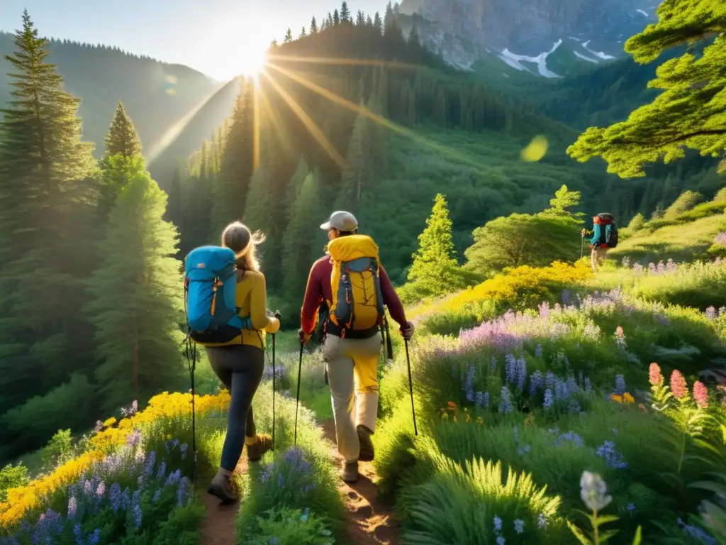 Grupo de excursionistas vistiendo ropa ecológica, explorando un ecosistema diverso y exuberante