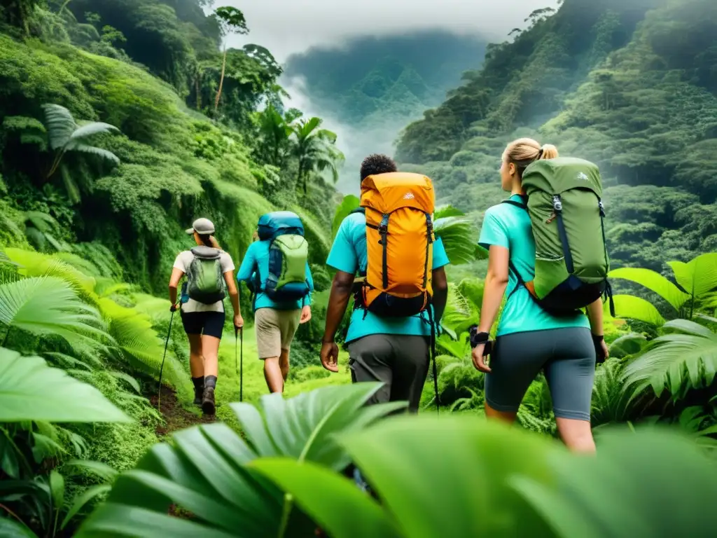 Grupo de excursionistas con ropa sostenible para expediciones naturales, integrados con la exuberante biodiversidad de la selva lluviosa