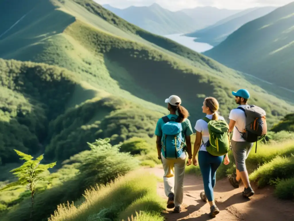 Un grupo de excursionistas vistiendo ropa sostenible y ecológica, explorando senderos de montaña rodeados de exuberante vegetación