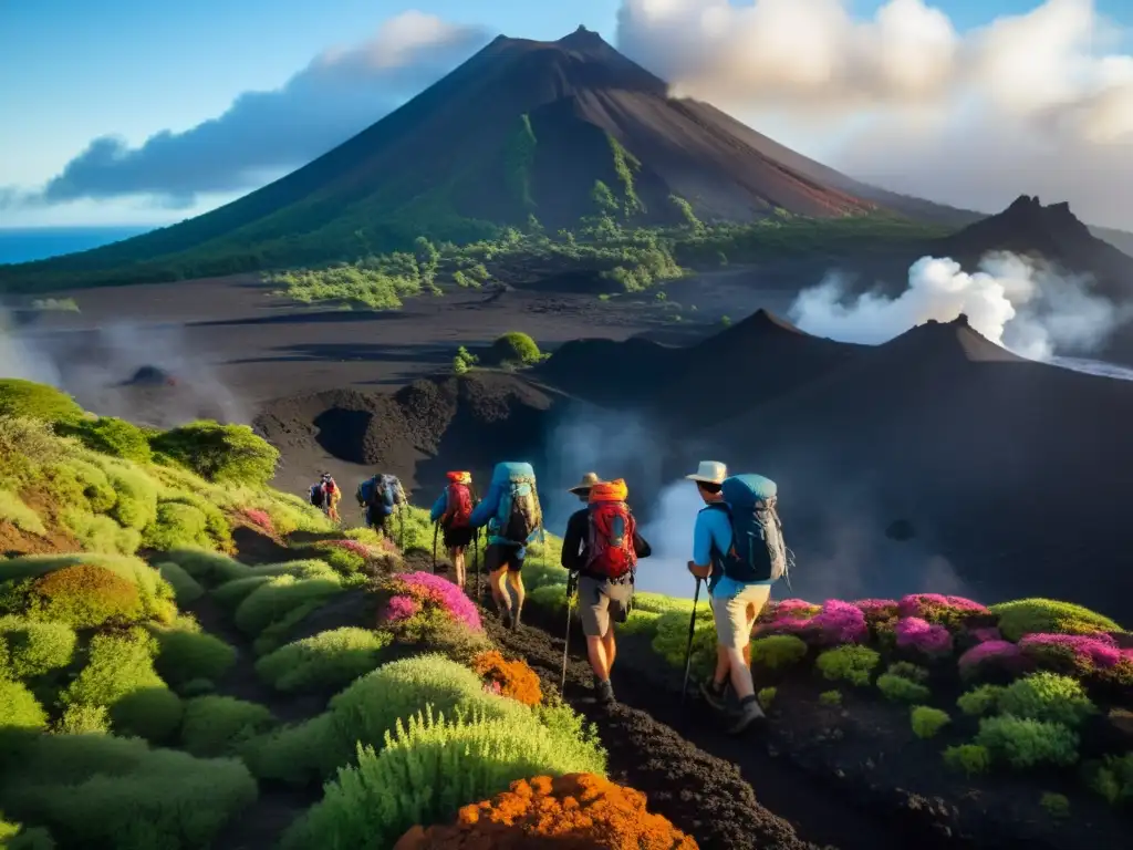 Grupo de excursionistas en ruta ecoturística, rodeados de imponentes volcanes vivos