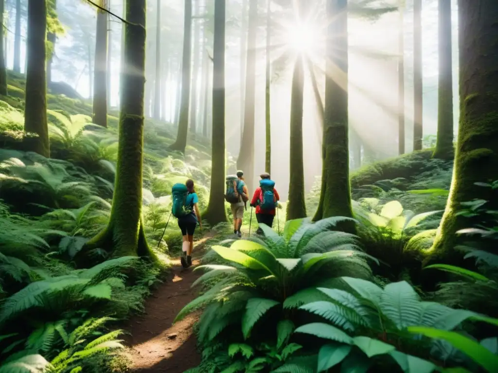 Un grupo de excursionistas sigue un sendero en un exuberante bosque con mapas y brújulas eco amigables