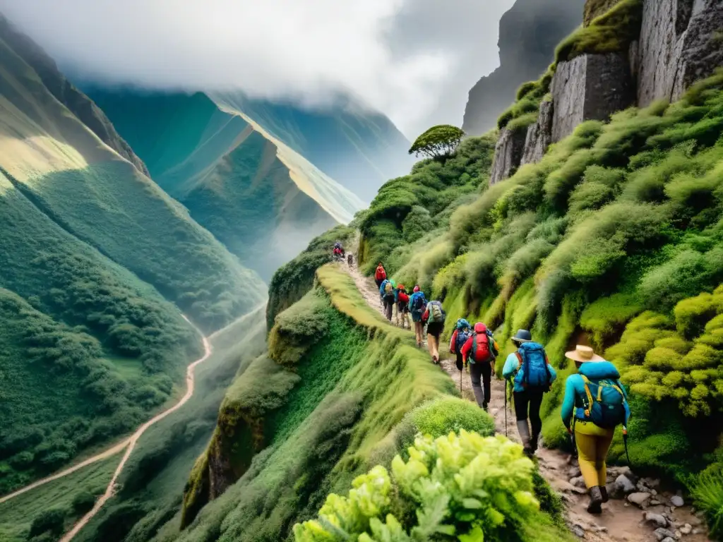 Grupo de excursionistas explorando sendero rocoso en los Andes, rodeados de exuberante naturaleza y nubes