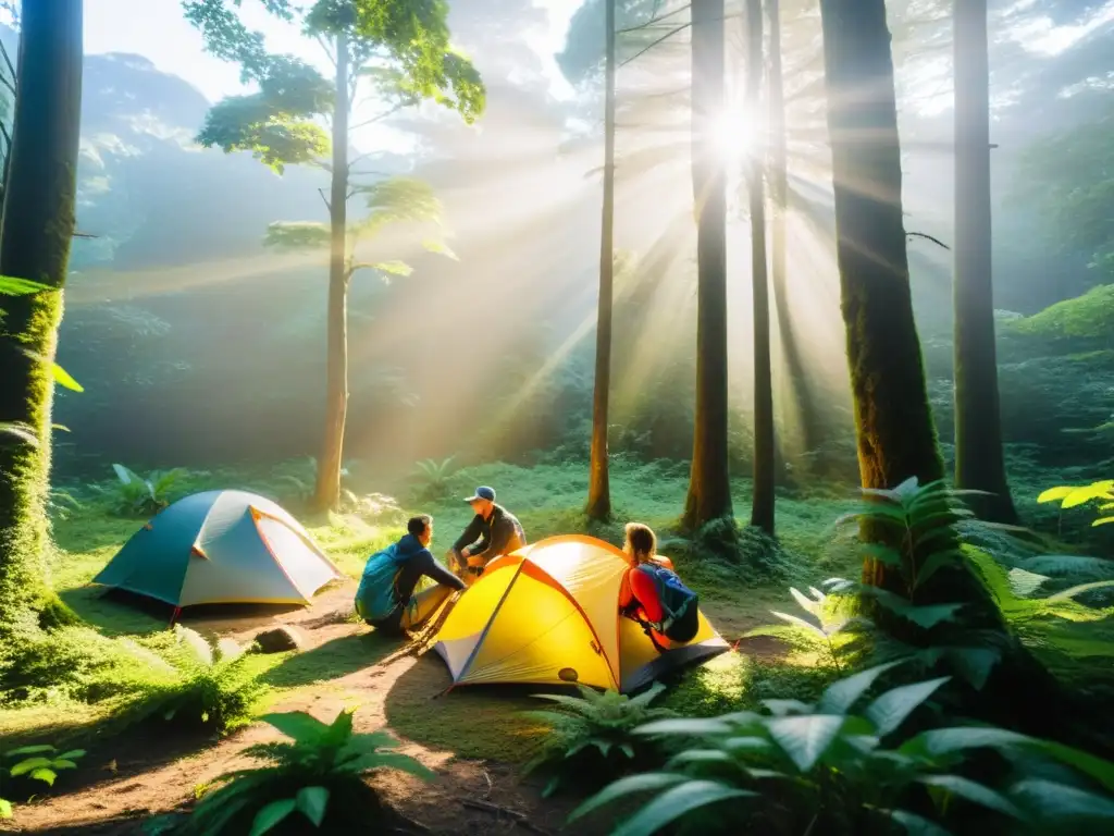 Un grupo de excursionistas disfruta de la serenidad del bosque lluvioso, con tiendas de campaña ultraligeras en un claro entre árboles majestuosos