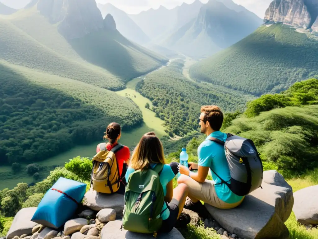 Un grupo de excursionistas disfruta de snacks para expediciones responsables en la naturaleza, rodeados de belleza natural y camaradería