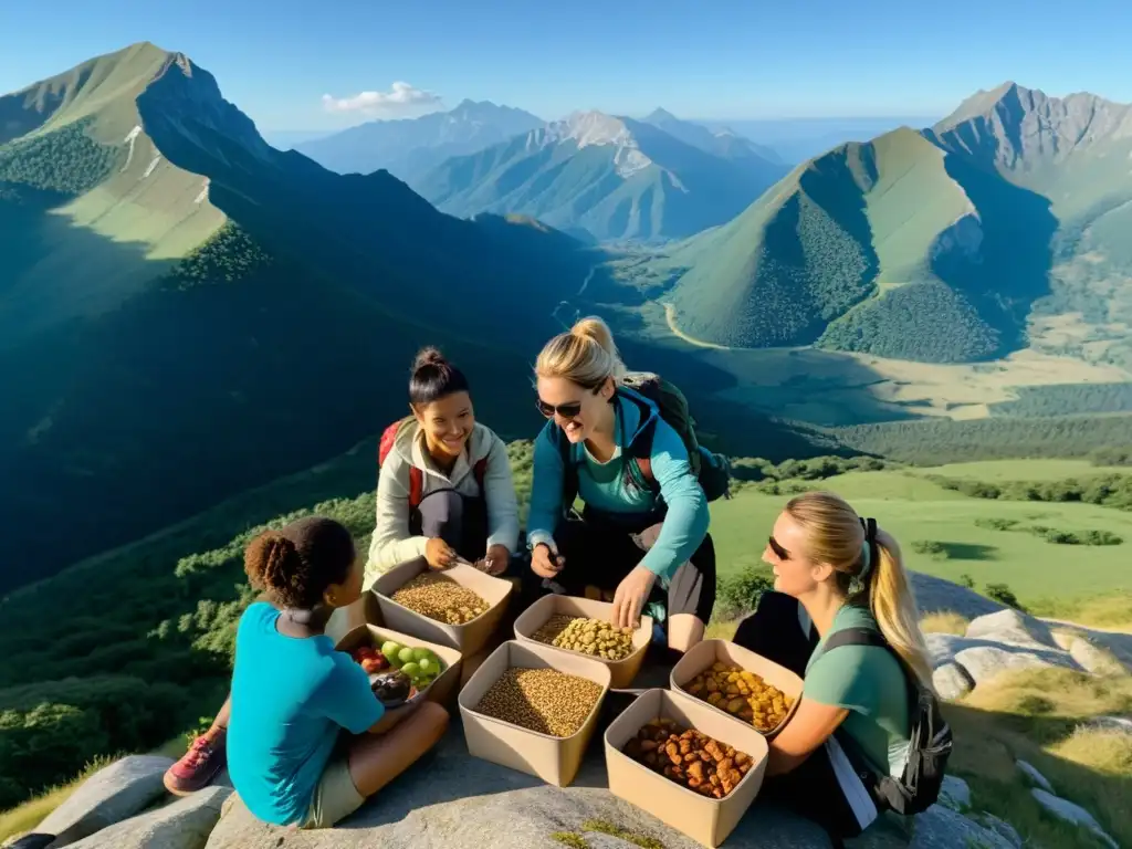 Grupo de excursionistas disfrutando de snacks para expediciones responsables en la cima de la montaña, rodeados de naturaleza exuberante