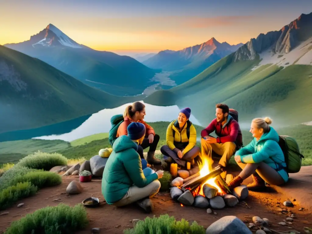 Grupo de excursionistas preparando snacks para expediciones responsables alrededor de una fogata al atardecer en la montaña