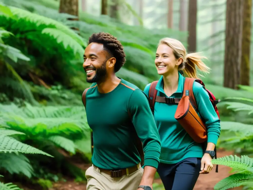 Un grupo de excursionistas sonrientes camina por un exuberante bosque, luciendo bolsos ecológicos de moda sostenible para ecoturismo