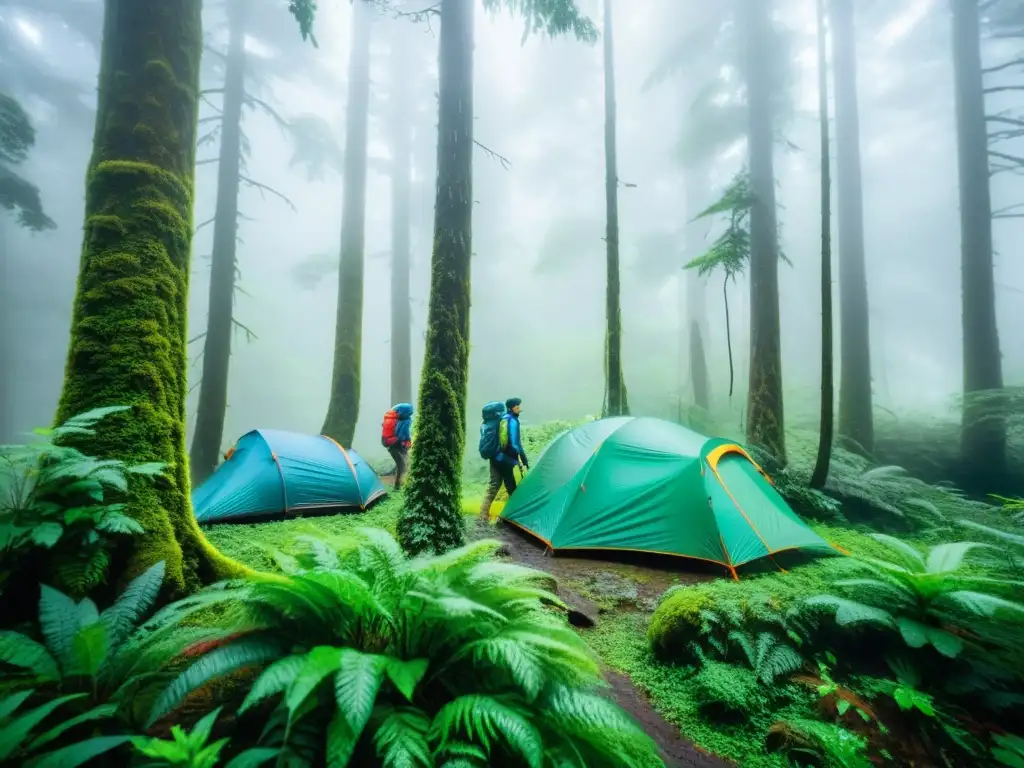 Un grupo de excursionistas en tiendas de campaña ultraligeras, en un bosque lluvioso, rodeados de árboles imponentes y húmedos