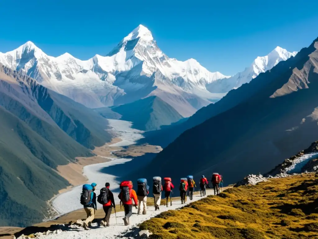 Un grupo de excursionistas se prepara para el trekking en el Himalaya, rodeados de imponente naturaleza