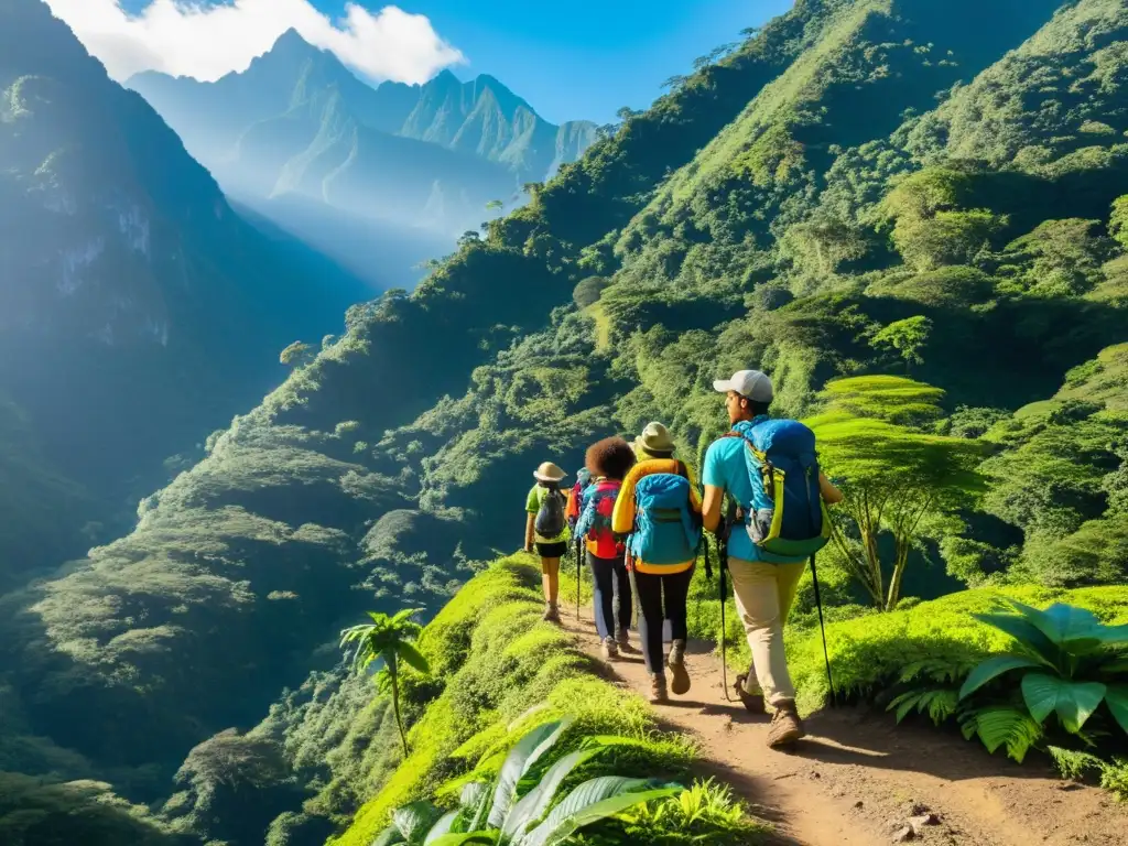 Grupo de excursionistas disfrutando del turismo ecológico en Bután, Asia, rodeados de exuberante naturaleza y montañas imponentes