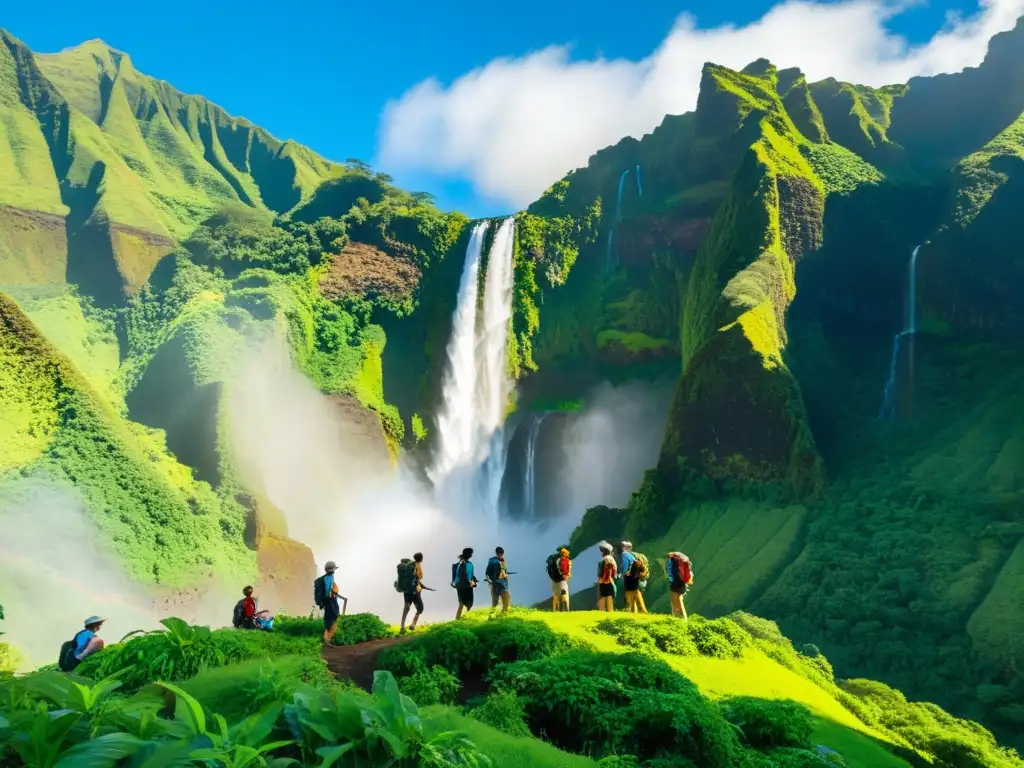 Un grupo de excursionistas disfruta de la vista de una cascada en Hawái, mostrando el espíritu del ecoturismo en las islas de Hawái