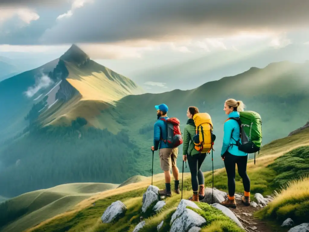 Un grupo de excursionistas admirando la vista desde la cima de una montaña, vistiendo ropa sostenible para expediciones naturales