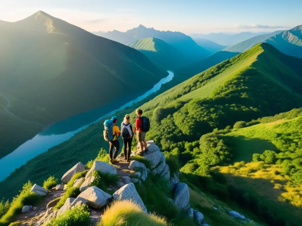 Un grupo de excursionistas admirando la vista en una montaña rocosa, vistiendo ropa sostenible para expediciones naturales