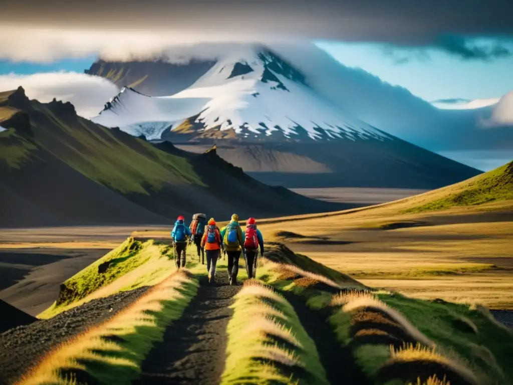 Un grupo de excursionistas camina entre volcanes nevados en Islandia