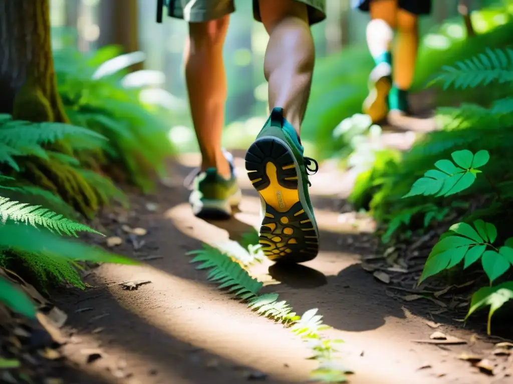 Grupo de excursionistas con zapatillas ecológicas para excursiones sostenibles, caminando en un sendero de bosque impresionante