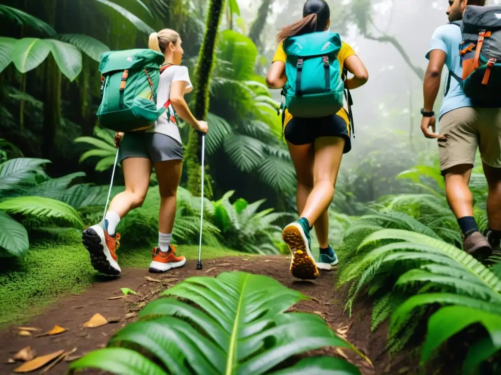 Grupo de excursionistas con zapatillas ecológicas para excursiones sostenibles, explorando un exuberante y vibrante bosque lluvioso