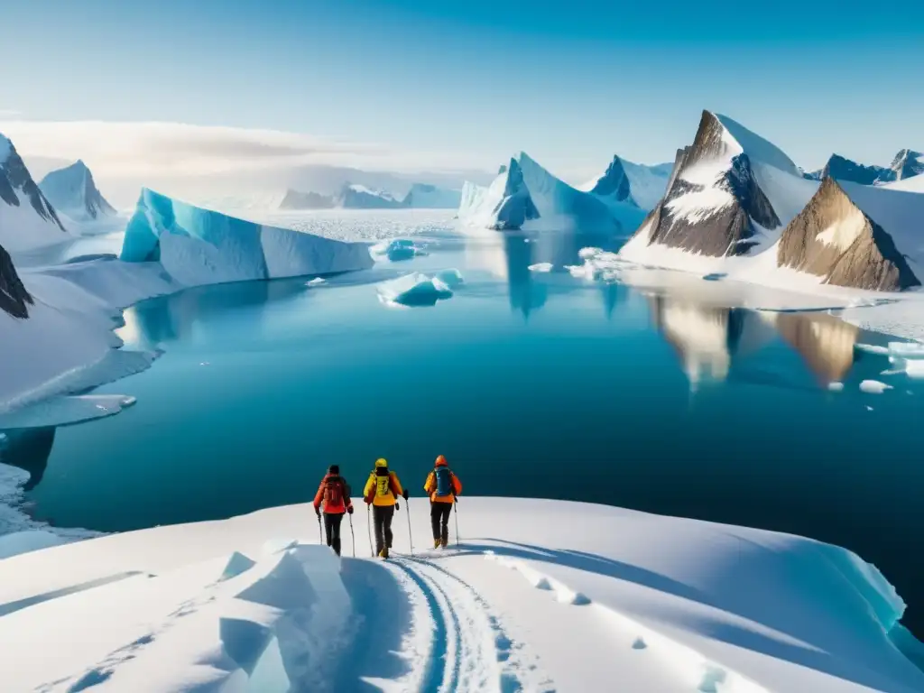 Grupo de exploradores en Groenlandia ártica, con equipo colorido, navegando un paisaje nevado