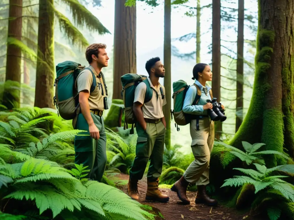 Grupo de exploradores adentrándose en un bosque templado, equipados para observar la fauna