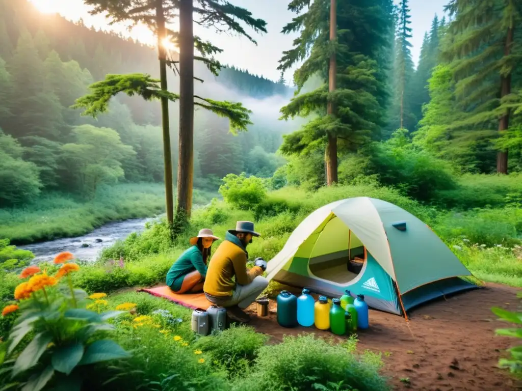 Un grupo de exploradores monta un campamento sostenible en un bosque exuberante