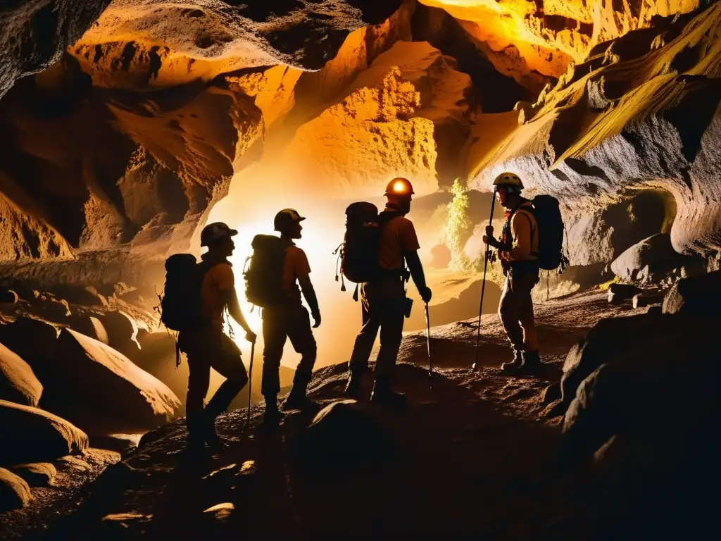 Grupo de exploradores en cueva volcánica, iluminados por luz dorada, admirando formaciones de lava