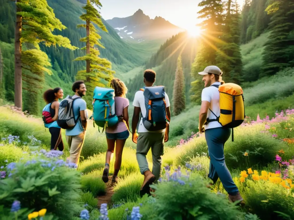 Un grupo de exploradores en equipo de campamento ecológico sostenible, disfrutando de la naturaleza exuberante y la armonía con el entorno