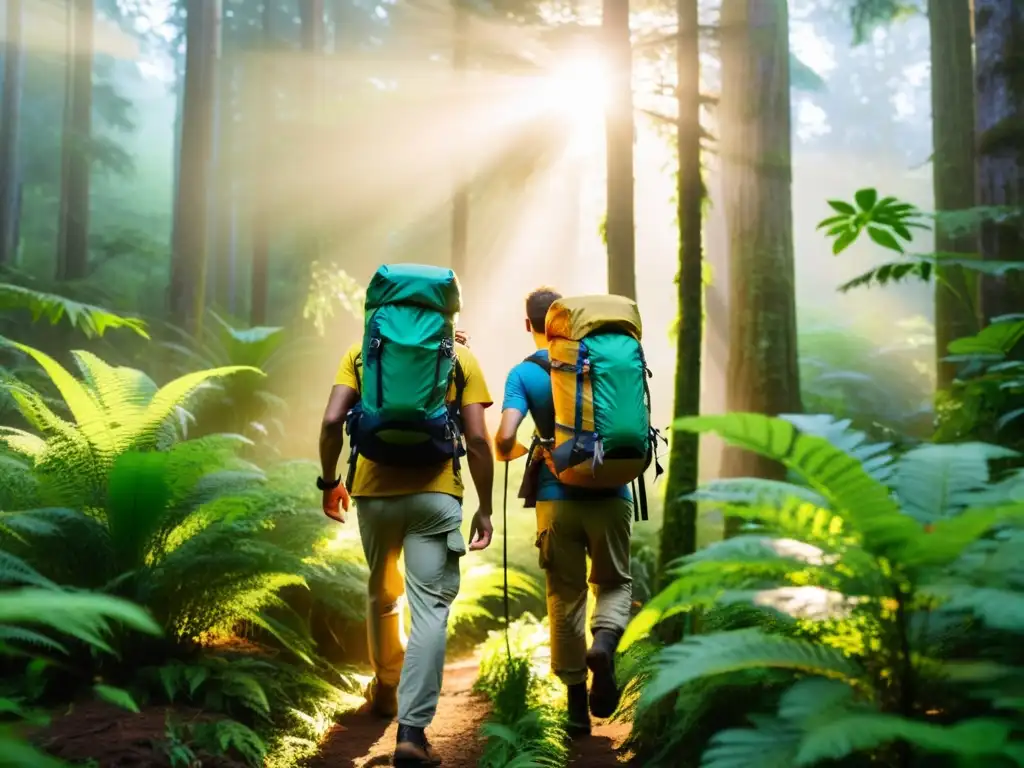 Un grupo de exploradores con equipo de campamento ecológico sostenible atraviesa un exuberante bosque biodiverso bajo la suave luz matutina