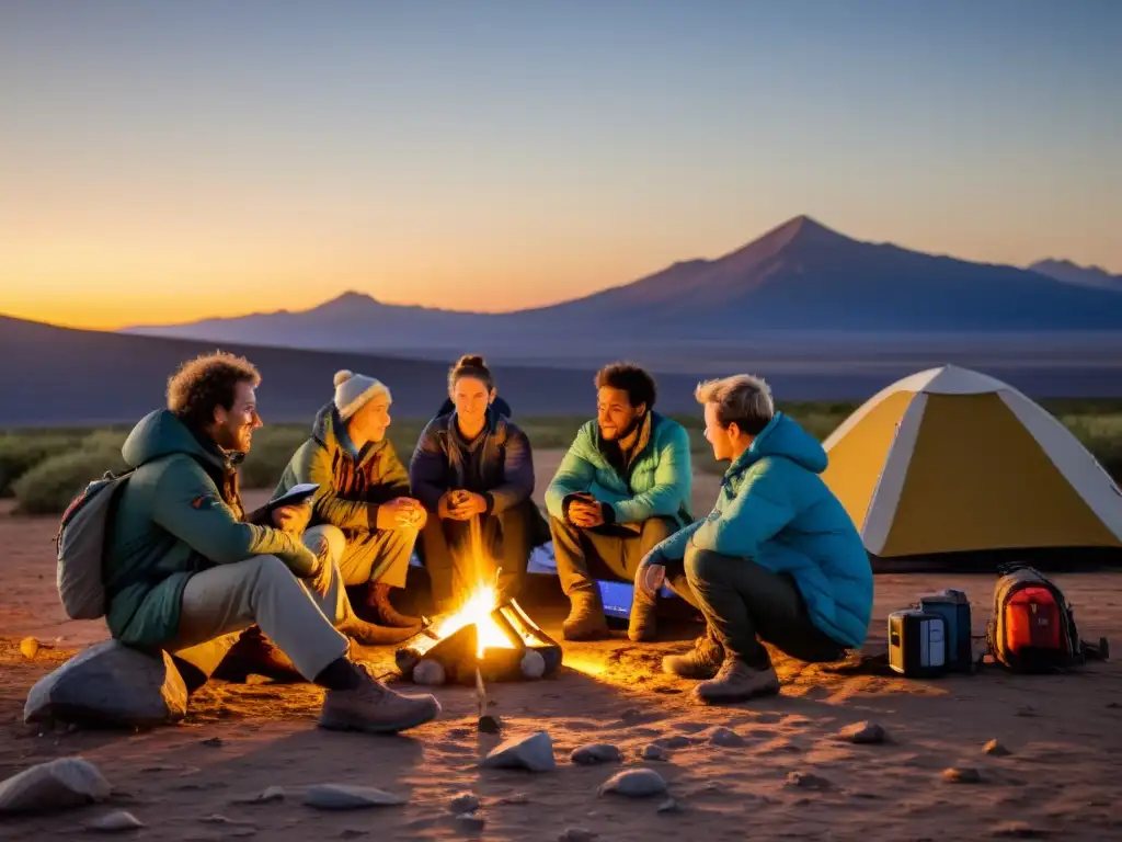 Un grupo de exploradores se reúne alrededor de una fogata al amanecer, con un panel solar portátil detrás