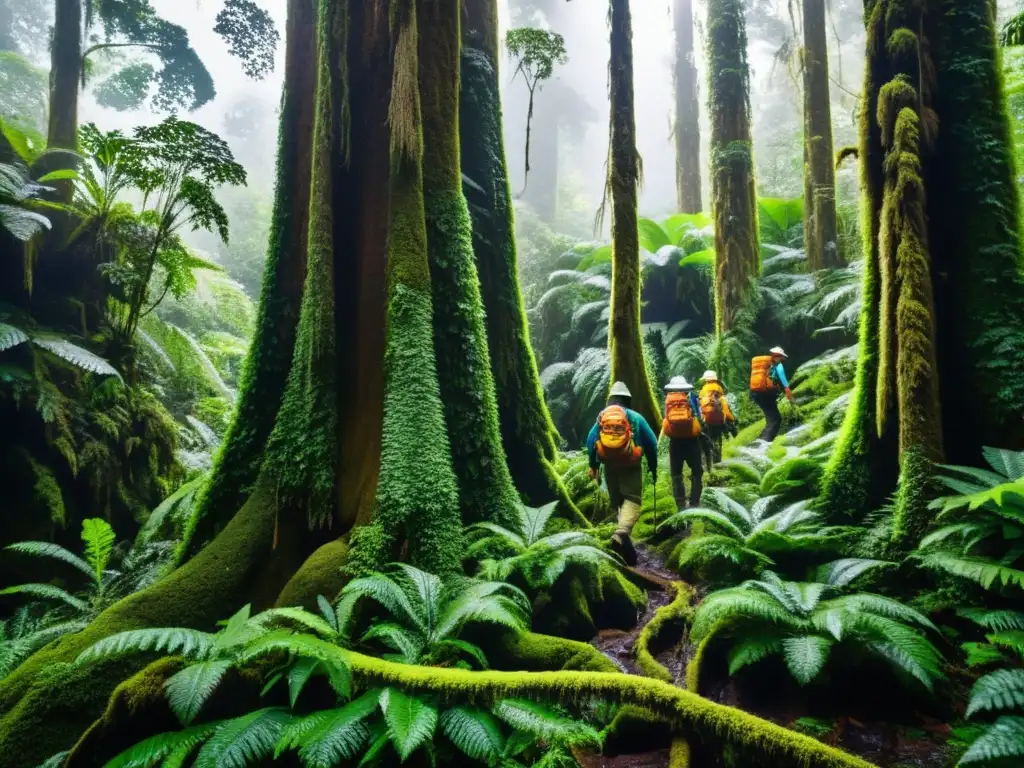 Grupo de exploradores novatos en expediciones a ecosistemas aislados, maravillados por la belleza de la selva densa y exuberante