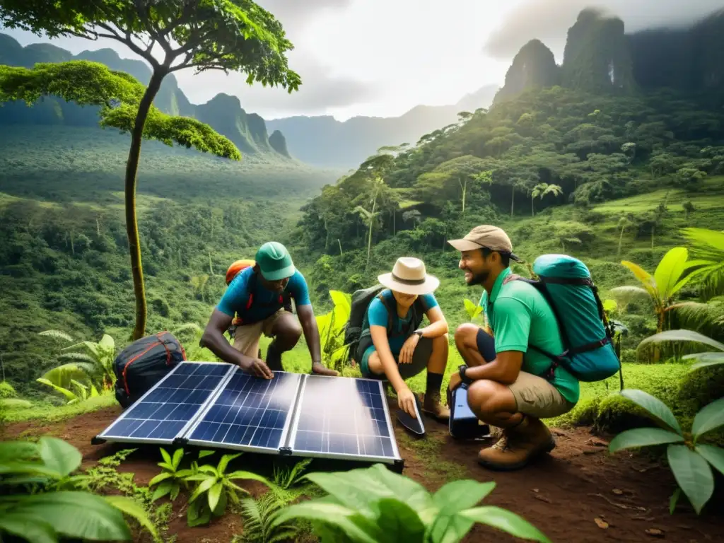 Un grupo de exploradores diversos monta paneles solares portátiles en la exuberante selva