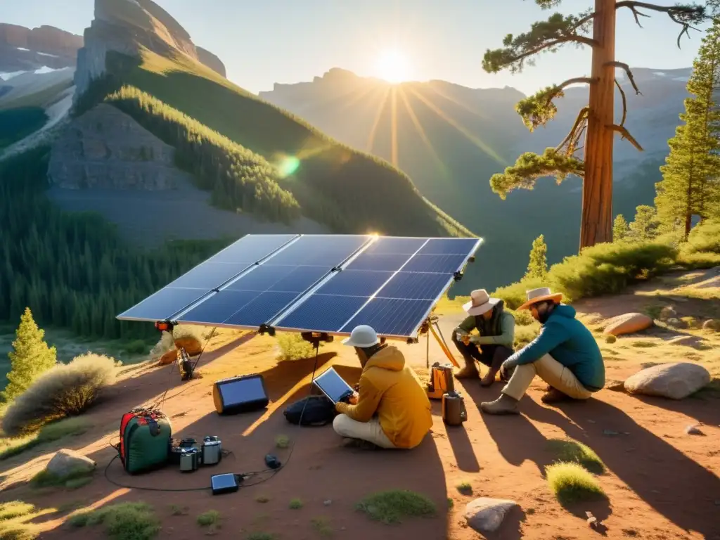 Un grupo de exploradores instala paneles solares portátiles en un entorno natural remoto, capturando la energía del sol