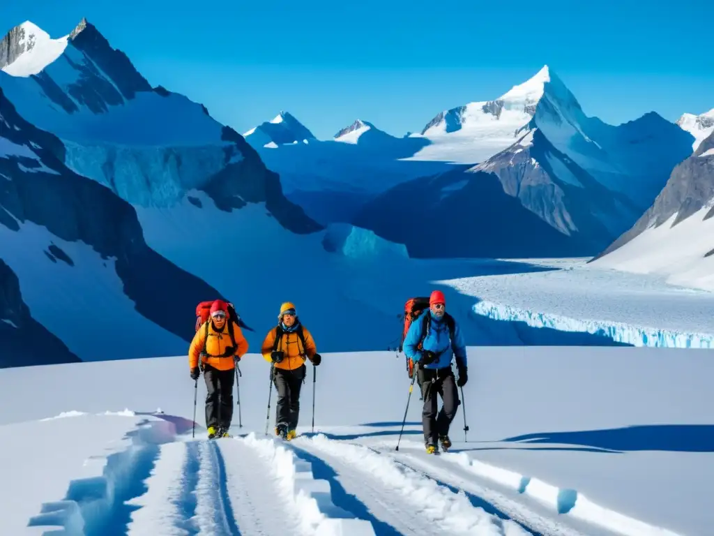 Un grupo de exploradores en parkas pesadas camina en la vasta extensión de nieve y hielo en la Antártida