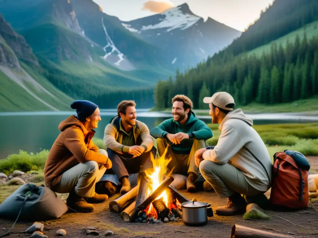 Un grupo de exploradores preparando snacks para expediciones responsables alrededor de una fogata en medio de la naturaleza salvaje