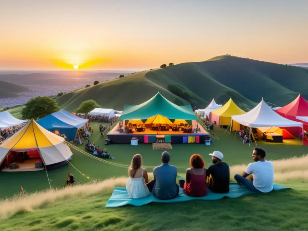 Festival ecológico al atardecer: música en vivo, talleres y comunidad Grupo disfruta de festival al aire libre, rodeado de colores y música en vivo