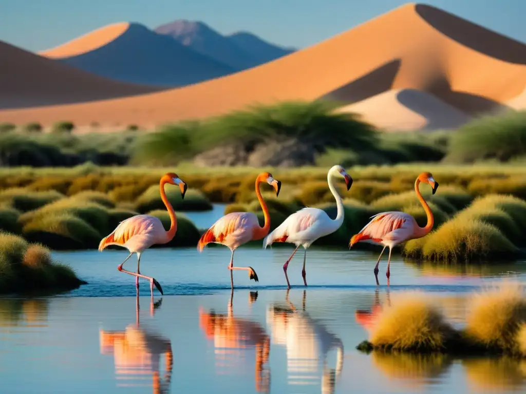 Un grupo de flamencos rosados se pasea grácilmente por las aguas cristalinas de un oasis en los Emiratos Árabes, con las dunas doradas de fondo