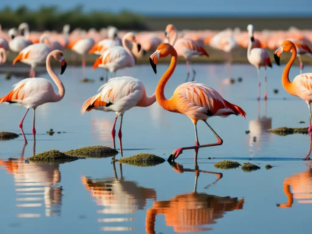 Un grupo de flamencos rosados se adentra en un humedal salino, adaptaciones de la vida en humedales salinos