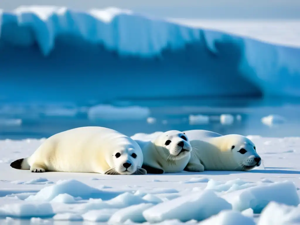 Un grupo de focas descansando en el hielo del Ártico, con sus cuerpos plateados contrastando con el blanco del hielo y el azul del mar