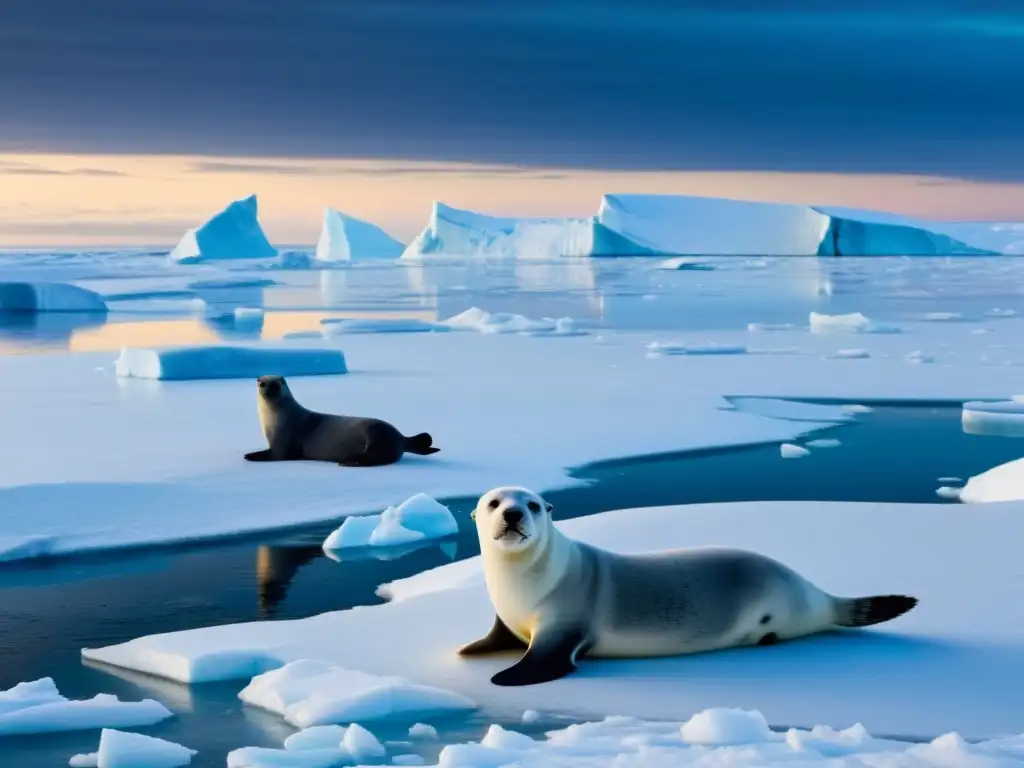 Grupo de focas y leones marinos en el Ártico, bajo el sol de medianoche, contrastando con el hielo blanco y la presencia distante de un oso polar