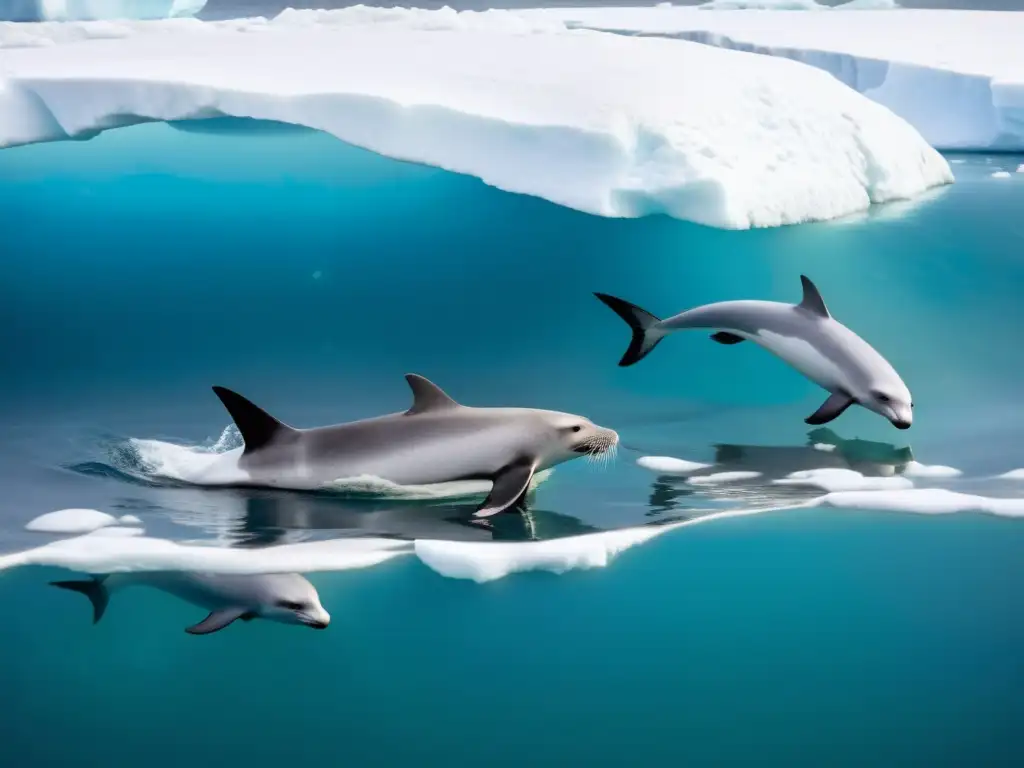 Un grupo de focas leopardo nada graciosamente entre enormes icebergs