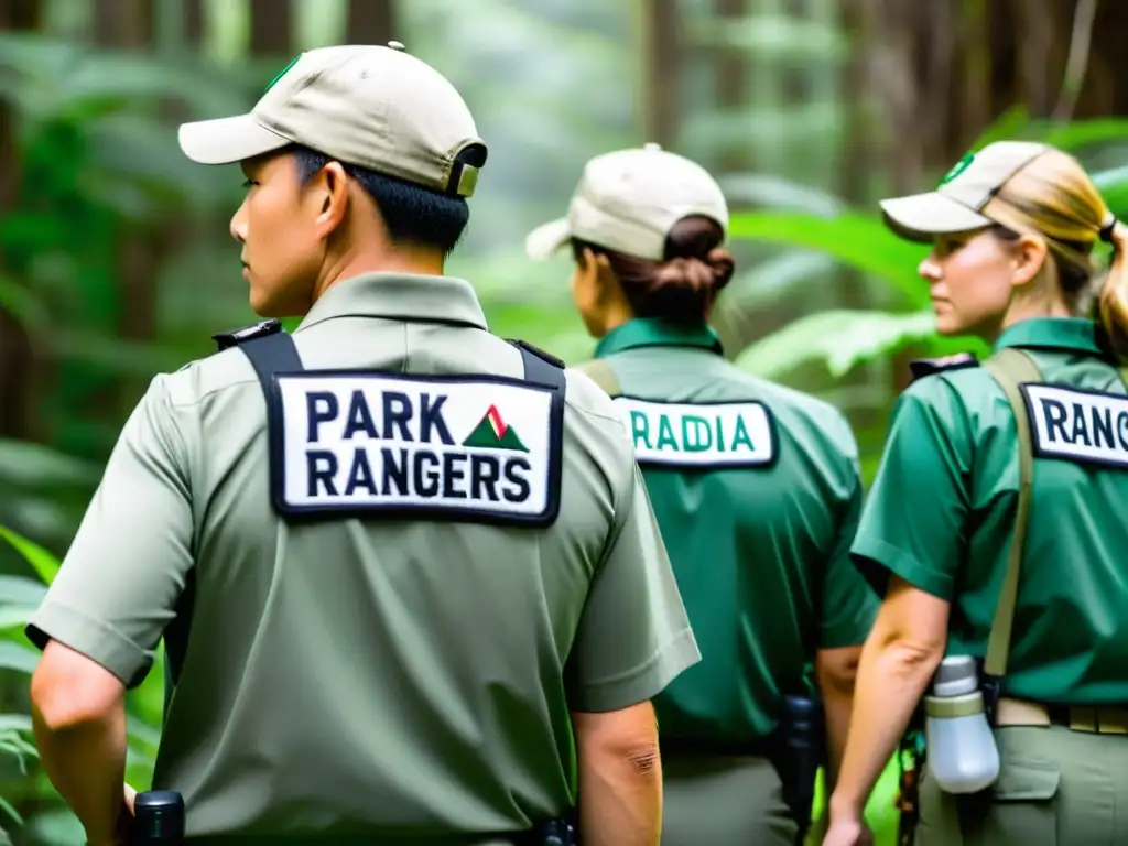 Un grupo de guardaparques en la Línea de Fuego recorriendo la densa selva con equipo especializado, mostrando su compromiso con la conservación