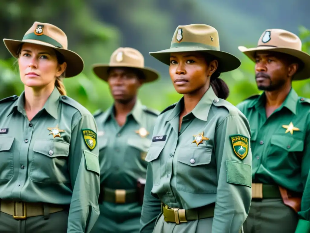 Grupo de guardaparques valientes en uniforme, firmes en la exuberante selva