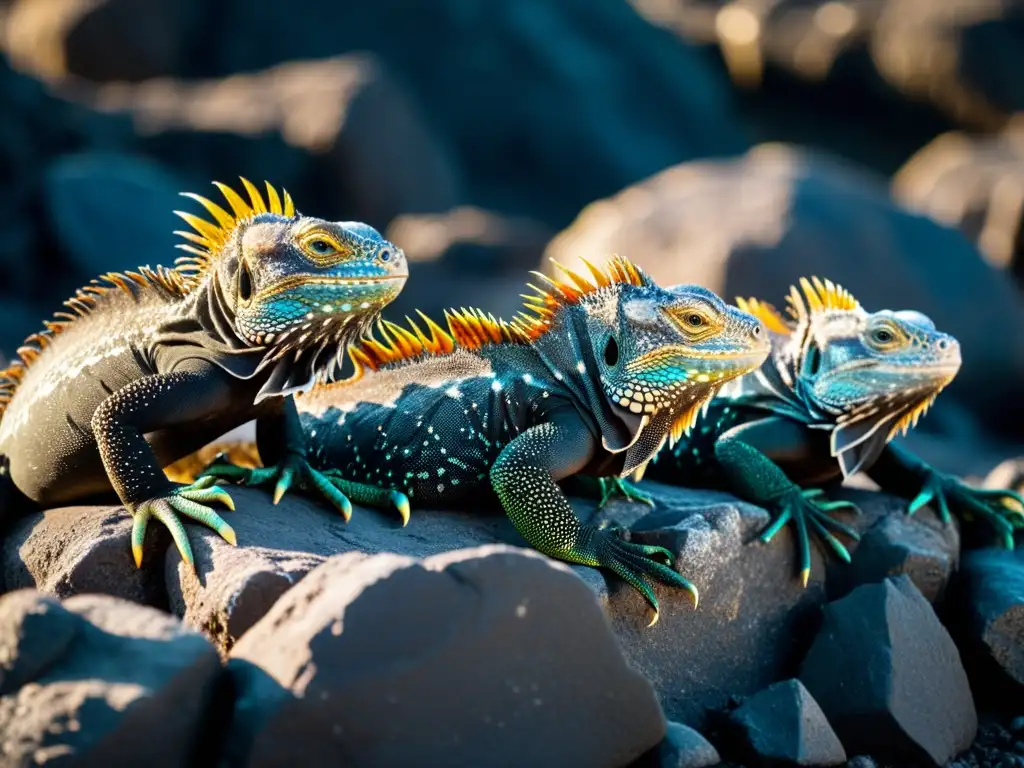 Grupo de iguanas marinas coloridas adaptadas a aguas saladas, camufladas entre rocas volcánicas en las Islas Galápagos